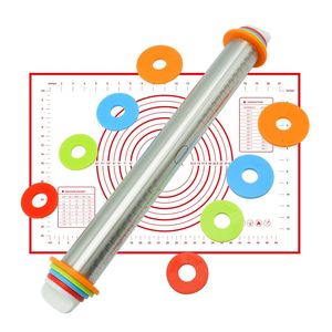 ベーキング型lmetjma 17inch調整可能なステンレス鋼ローリングピンと4つの取り外し可能な厚さのリング付き生地マットローラー230425