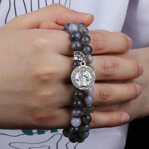 Strand Diyalo Black Grey Beads Elastic String Chain Armband Katolsk exorcism St. Benedict Cross Pendant Armband Kvinnor Män smycken