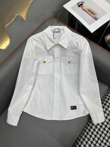 Women's Blouses & Shirts Designer Autumn and Winter New Leisure Sports Style Metal Button Letter Small Leather Label White Long Sleeve Shirt R93I