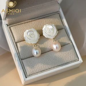 Stud ASHIQI Perla d'acqua dolce naturale Orecchini a forma di fiore di conchiglia Gioielli in argento sterling 925 fatti a mano per le donne Regalo 231124