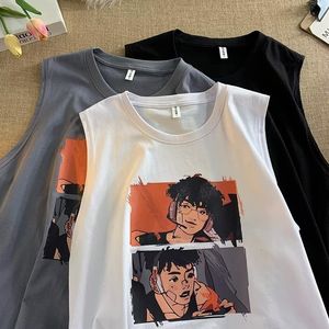 Мужские майки в японском стиле хлопковая рукавочная футболка Harajuku Anime Cartoon Graphic для мужчин Черный белый жилет Летняя уличная одежда 230424