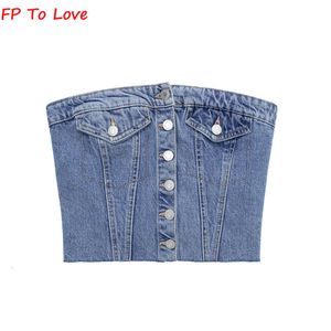 Kadın Tankları Camis mavi denim askısız üst vintage tüp börek