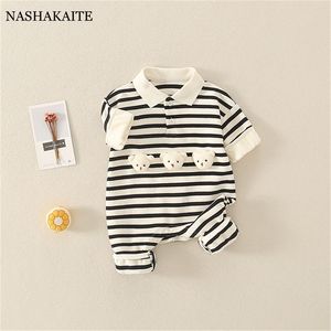 Rompers Spring Autumn Baby Boy Clothes Cotton Baby Rompers Stripe Baby Overalls Tecknad Borns spädbarn Jumpsuit Kidkläder 0-18m 230425