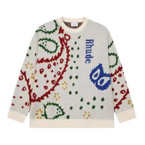 Дизайнерская модная одежда Мужские свитера Rhude Осень Зима Новая пара Жаккардовая вязаная рубашка с цветком кешью и круглым вырезом Свободный модный пуловер