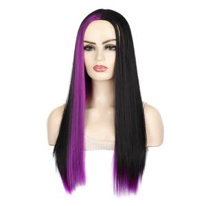 yielding Fashionable middle point highlight dyed wig head cover color straight hair chemical fiber full head cover bleach dyed bangs straight hair head cover