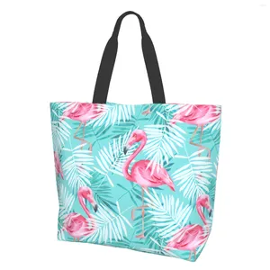 Sacos de compras Flamingos Tropicais Sacola Mulheres Casual Bolsa de Ombro Reutilizável Multiuso Heavy Duty Mercearia para Ao Ar Livre