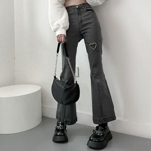 Vintage Gray Denim Flare Jeans for Women - High Waist Streetwear Slim Fit jeans trousers for ladies for Moms - Harajuku Style Y2K