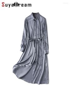 Robes décontractées SuyaDream femmes chemise 93% soie de mûrier 7% Spandex simple boutonnage ceintures mi robe 2023 printemps été bureau dame vêtements