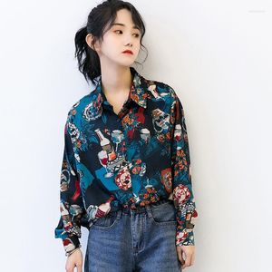 Kadınlar Blouses Japonca Baskılı Gömlek Kadınlar Hong Kong Vintage Style Kadın Gevşek Koreli Kadın Bluz Kadın Tunikleri Tunikleri