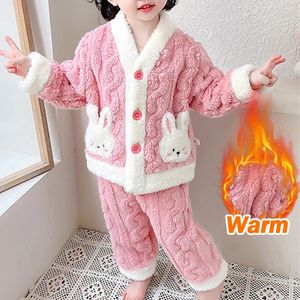 Pajamas 2024 Autumn Winter Kids Thicken Warm Flannel Baby Boys Girls Cartoon Bear Casual Sleepwear Clothing Sets Pyjamas 231124