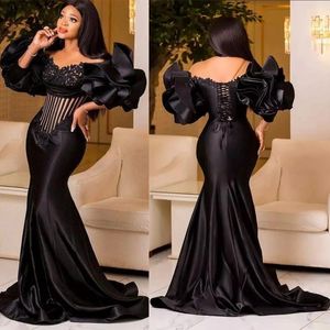 2023 Aso ebi Black Mermaid Prom Dorts Cap Sleeves Satin Satin Hove Mermaid Birthday Party Second Dresses Dresses African Dress Onglicing ST285