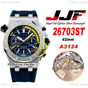 JJF 2670 A3124 Automatisk kronograf Mens Watch 42mm Yellow Inner Blue Textured Dial Rubber Strap Super Edition Reloj Hombre Montre Homme Puretime B2