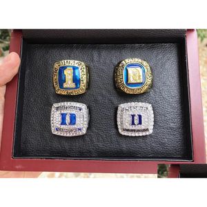 Con pietre laterali Duke Blue 4 pezzi Anello del campionato della squadra nazionale dei diavoli con scatola di legno Set da uomo Fan souvenir regalo Goccia all'ingrosso D Dhnc5