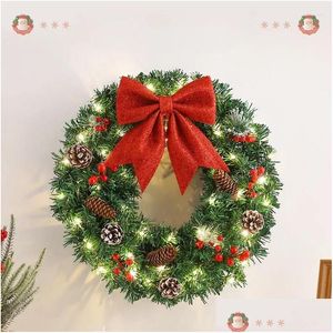 Decorative Flowers Wreaths Led Christmas Wreath 40Cm Artificial Pinecone Red Berry Garland Hanging Ornaments Front Door Wall Decoratio Dhvkk