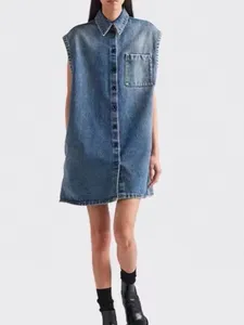Lüks Tasarımcı 2023 Yüksek Kaliteli Mektup Kemer Beldesi Kazan Kolsuz Denim Elbise Kadınlar Bodycon Elbise Vintage D1002