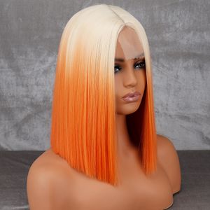 Syntetiska peruker werd kort orange mellersta del Blond Lady Bob Hårvärmeständig cosplay 230425