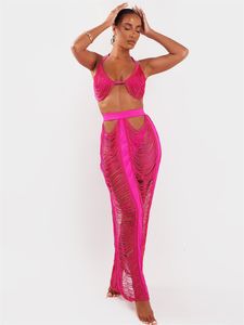 Two Piece Dress JRRY Sexy Knitted Set Two Pieces Set Halter Backless Bra Top Long Skirt 2 Pieces Crochet Set Hollow Out Beach Dress Cover Up 230424