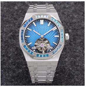 R8 Factory Royal Watches Mens 고급 BBR ETA 시계 스켈레톤 플라이휠 다이아몬드 자동 블루 다이얼 투르 빌링 기계 남성 사파이어 시계 904L 스테인리스 스틸