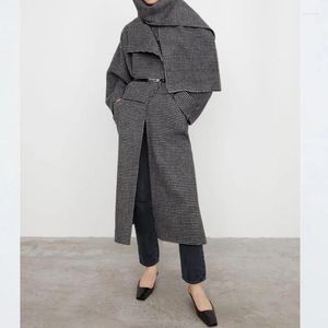 Trench scozzese grigio da donna in lana Ins Fahion Cappotto di media lunghezza Giacca lunga autunno inverno allentata