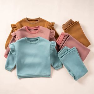 Familie Passende Outfits Kinder Fleece Anzüge Pullover Isolieren Sportwear Herbst Baby Mädchen Kleidung Set Einfarbig Warme Spitze Pullover Top Hosen Outfit 231124