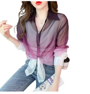 Blusa feminina com novo design, gola virada para baixo, perspectiva de cor gradiente, camisa fina de chiffon solta SMLXLXXL3XL