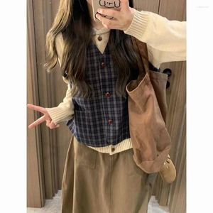 Work Dresses Japanese Literary Niche Retro Plaid Vest Female Students Apricot Cardigan Sweater Skirt Three Piece Set