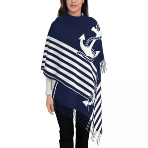 Sciarpe Blu Navy Strisce Ancora Scialle Avvolgente per donna Calda grande sciarpa lunga Timone nautico Vela Pashmina