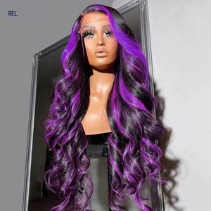 Long Brazilian Hair Body Wave Purple Wig Transparent Lace Front Wig Green/Grey/Pink Highlight Wigs for Women Synthetic Heat Resistant