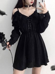 Freizeitkleider JMPRS Große Größe Gothic Damen Schwarz Mini Sexy Schulterfrei Hohe Taille Tunika Damen Party Langarm V-Ausschnitt Vestidos 230424