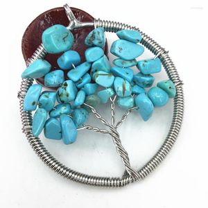 Pendant Necklaces Blue Calaite Turquoises Stone 50mm Round Winding Wire Accessories Silver-color Energy Amulet Fashion Women Jewelry B3051