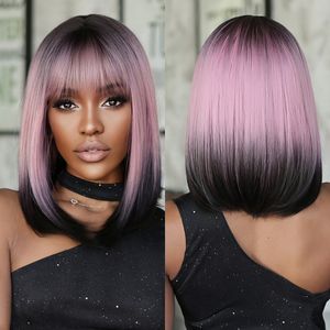 Syntetyczne peruki Purple różowy Ombre Black Short prosto z grzywką Bob Perukę dla kobiet codziennie Cosplay Party odporne na ciepło fałszywe włosy 230425