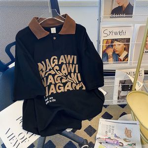 メンズTシャツの手紙プリントされたポロシャツ半袖メンズコットン日本の都市ボーイカジュアルBFルーズラペルトップハラジュクY2Kトップ230425