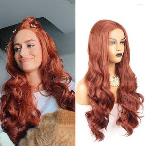 Copper Red Long Body Wave Synthetic Lace Front For Women Loose Wavy Frontal Glueless Heat Fiber Hair