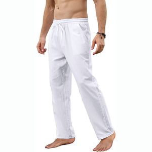 Herren-Hosen Herren-Baumwoll-Leinen-Hosen lockere Frühlings-beiläufige Hosen männliche atmungsaktive Volltonfarbe in voller Länge Kordelzug-Jogger-Yoga-Leinenhose 230425