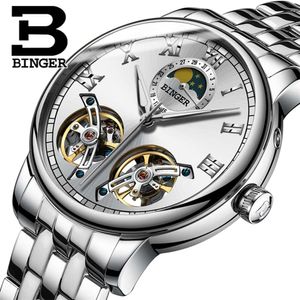 Binger 8607 unik designstil dubbel Tourbillon skelett full stål casual män mekaniska klockor automatisk klocka