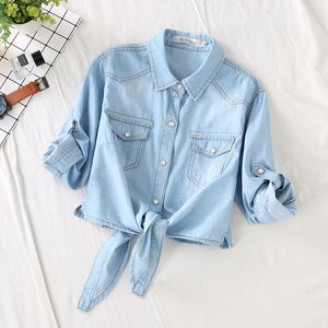 Women's Blouses Women's Denim Shirt Summer Thin Three Quarter Sleeve Short Slim Blouse Female Single Breasted Chic Sunscreen Tops