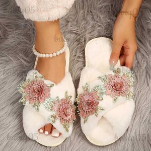 Slippers Crystal Flower Flat Heels Fur Slippers Women 2023 Autumn Winter Soft Home Fluffy Shoes Woman Warm Plush Cross Slides Flip Flops T231125