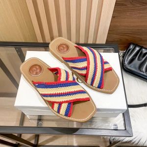 Bir buçuk çizgi terlikleri üst düzey marka tasarımcısı sandaletler 2023 yaz yeni düz dipli renk dokuma yaz renkli moda çok yönlü terlik