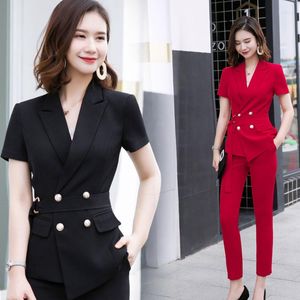 Women's Two Piece Pants Professional Suit Female Summer Short-sleeved 2023 Lacing Fashion Temperament Red Ladies Formal Cosmetologist