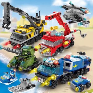 Soldier 6IN1 Building Blocks City Fire Car Truck Engineering Crane Tank Helicopter Bricks Set Toys for Children Kids 231124