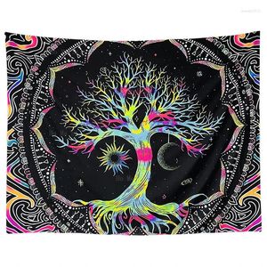 Tapestries Tree of Life Trippy Mandala Hippie Moon och Sun Black Galaxy Stars Colorful Mystic Bohemian Tapestry for Home Decor