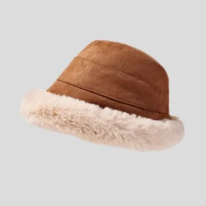 Berets Winter Fashionable Women's Thick Faux Fur Trimmed Solid Color Suede-like Cozy Casual Ear-Protective Warm Fisherman Hat