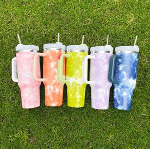 I lager! 40oz Tie Dye Travel Tumbler med handtag rostfritt stål dubbelväggisolerade kaffemuggar B0036