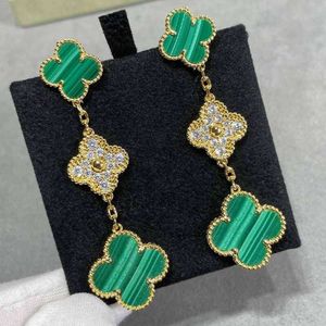 Ciondolo di design da donna Elegante 4/quattro orecchini di malachite naturale con diamanti a quattro foglie di erba e tre fiori Personalizzati in argento leggero di lusso di alta qualità