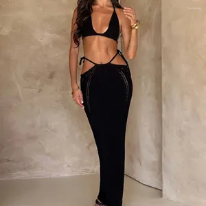 Mulheres Swimwear Mulheres Cover Up Saia Swimsuit Bikini Set Strapless Tank Crop Tops e Maxi Moda Malha Plissada Praia