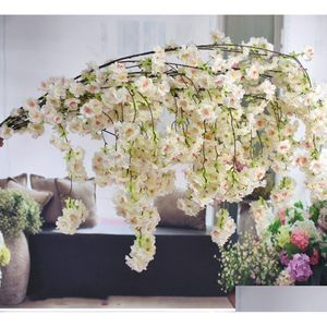 Decorative Flowers Wreaths 135Cm Fake Cherry Blossom Tree 4 Fork Sakura Branch Artificial Flower Silk Background Wall Decoration Drop Dhtoy