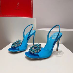 En Kalite Rene Caovilla Sandalet 9.5cm Yüksek Topuk Moda Kadın Ayakkabı Ayakkabı Kayışı Ayçiçeği Kristal Dekorasyon Satin Günlük Lüks Tasarımcı Elbise Ayakkabı