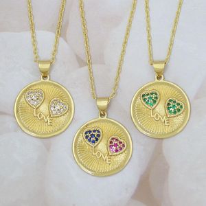 Chains Multicolor Hearts Engraved Coin Necklace Gold Colour CZ Love Textured Medallion Disc Jewelry Collier Pieces De Monaie