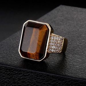 China-Chic Hip Hop Big Natural Tiger Stone Ring Band Mens Shiny Micro Set Cubic Zirconia Cz Stone 14k Gold Plated Solid Copper Open Cuff Finger Rings Adjustable Jewelry