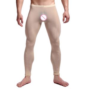 Sexiga män genomskinliga byxor silkeslen tights mjölkfiber leggings byxor långa Johns underkläder u konvexa fickmens brottning singlet2703